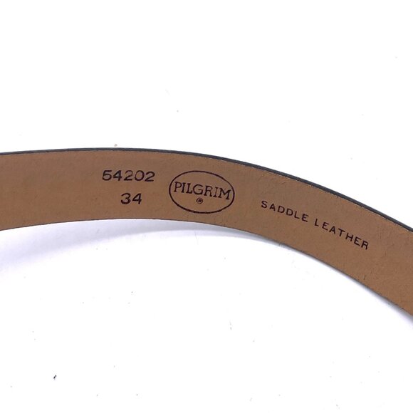 Vintage Pilgrim Saddle Leather Belt Size 34 Embossed Design Silver Buckle 1 Inch - Picture 2 of 5